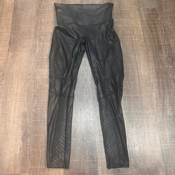 Spanx Black Moto Faux Leather Leggings Size XL‎ High Waist Compression - Picture 1 of 5